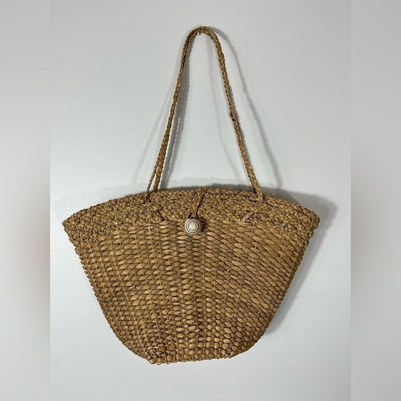 VINTAGE Straw Banana Leaf Purse Hand Bag with Seashell Closure Boho Beach Style - Picture 1 of 6